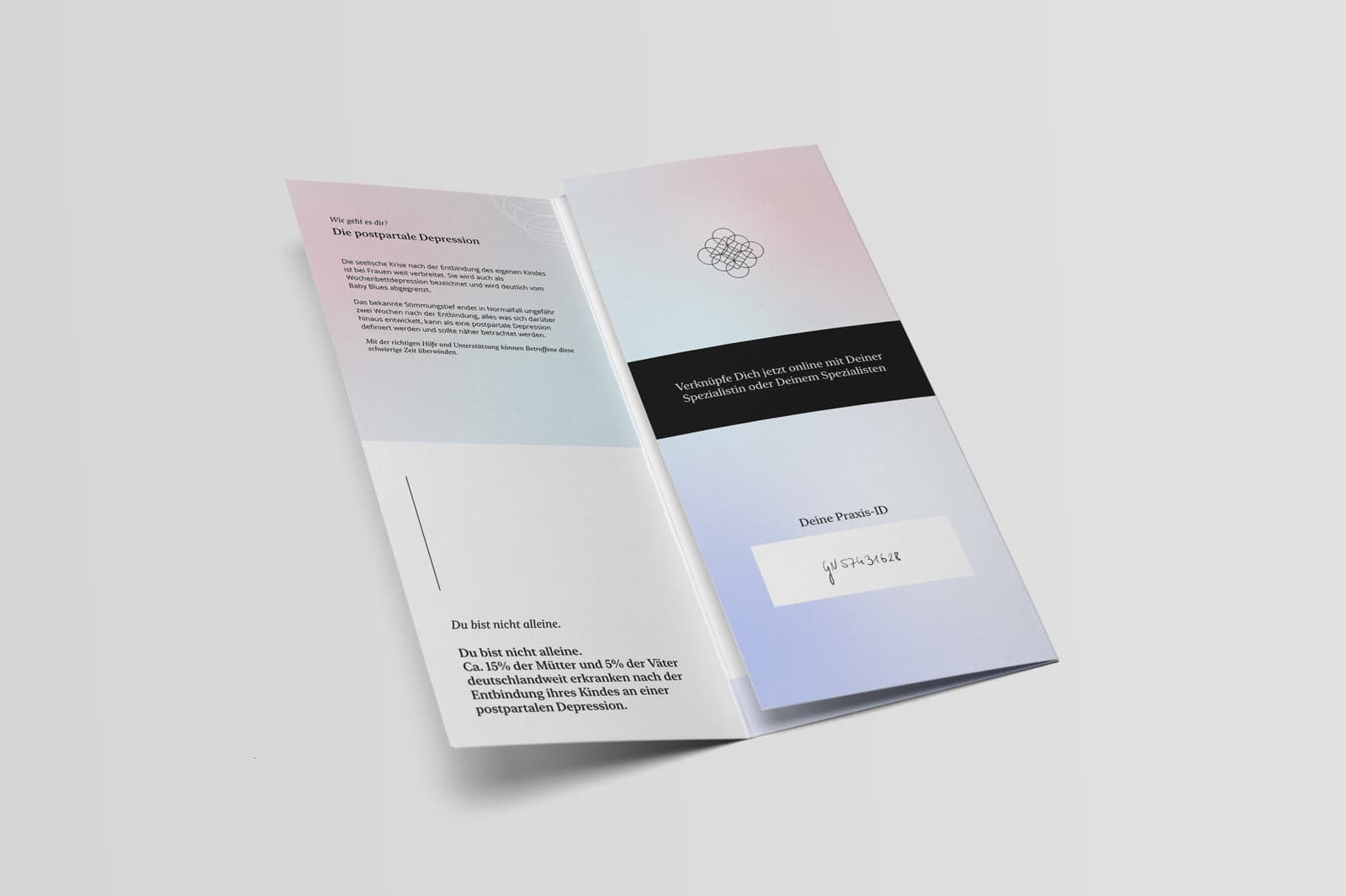 An opened tri-fold flyer with pale gradient panels