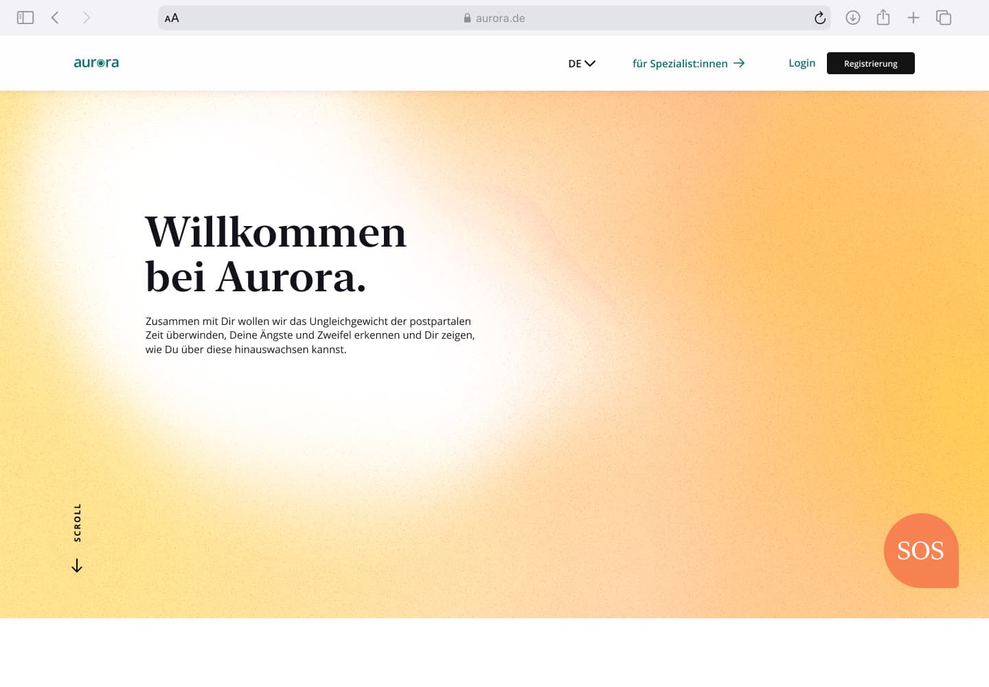 Aurora's home page with the yellow aura behind the headline.