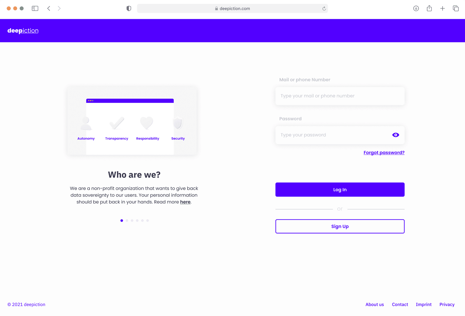 The Deepiction login screen, showing autonomy, transparency, responsibility and security