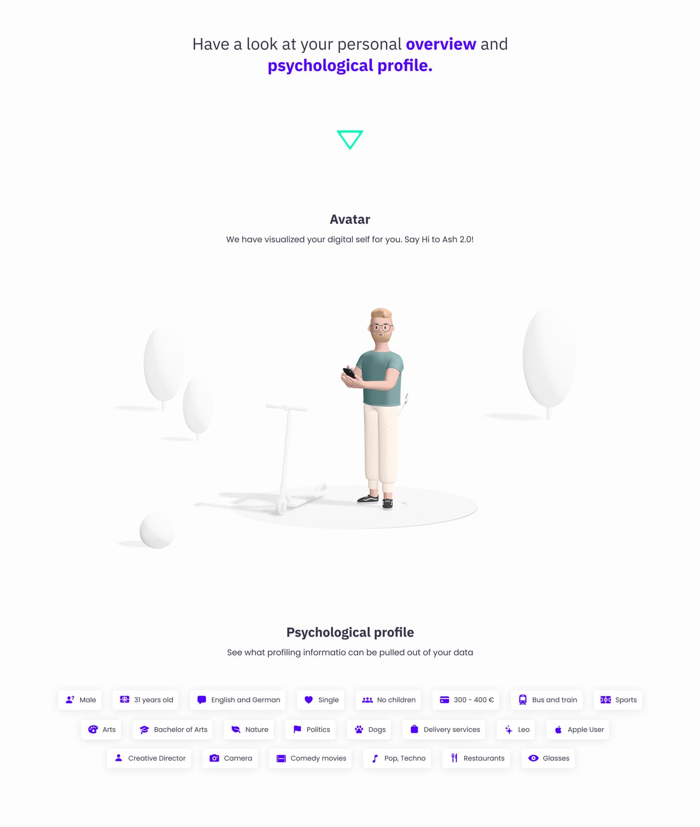 A 3D avatar in an empty white scene, above a tag cloud of profile attributes