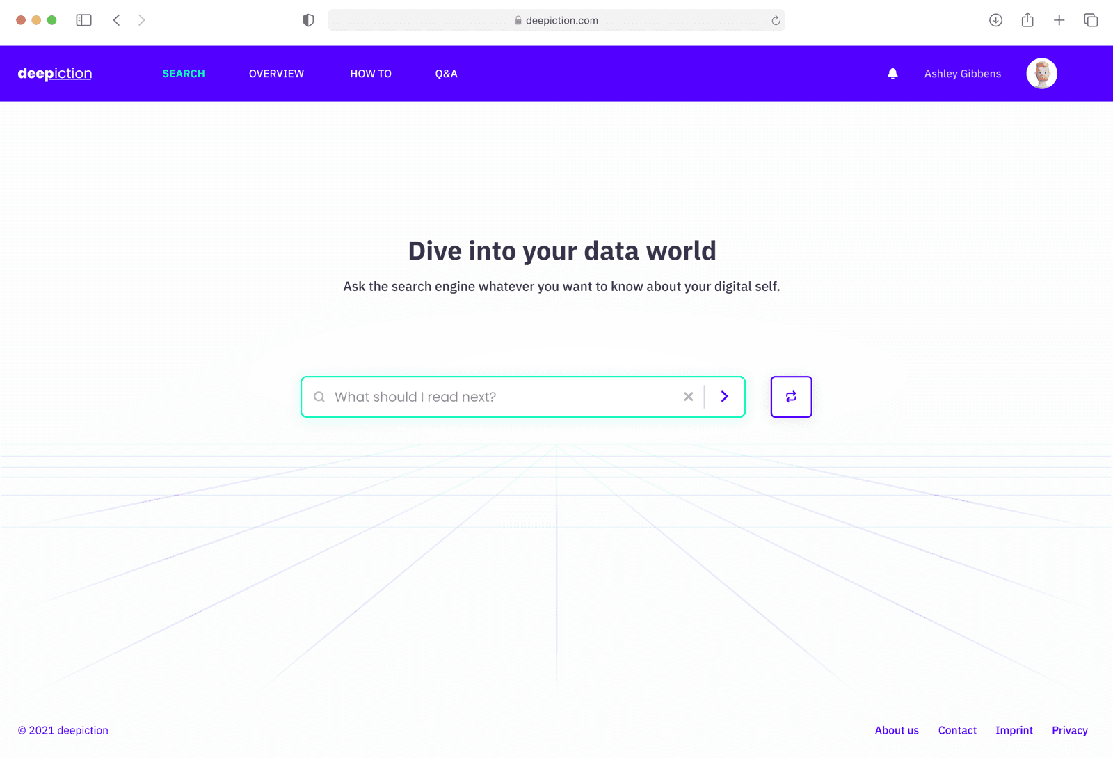 An empty search field under the line “Dive into your data world”